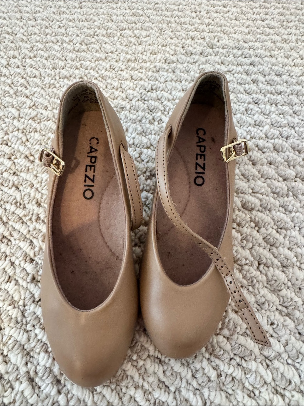 Capezio Tan Mary Jane Flats with Gold Buckles